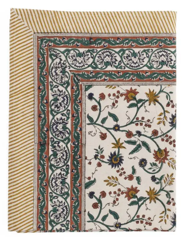 [CH0191] Nappe Coton - Samode - Ochre-blue-green (150x230cm)