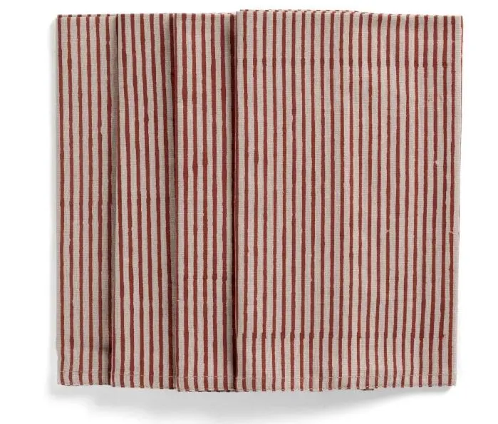 [CH0148] Serviettes coton - Stripe - Spicy red on nat beige - 4 pcs